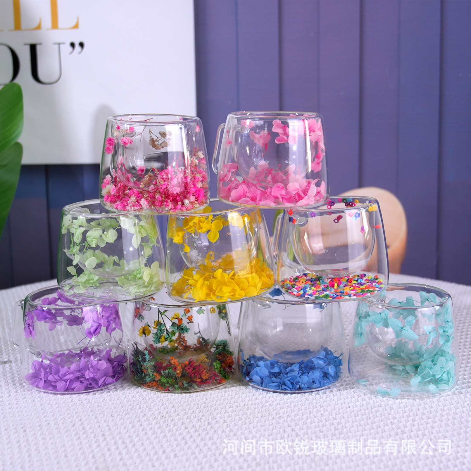 Flores verdaderas tazas de vidrio de doble capa, tazas de té de leche de doble capa de vidrio resistente al calor creativo, tazas de té de doble capa de flores incrustadas