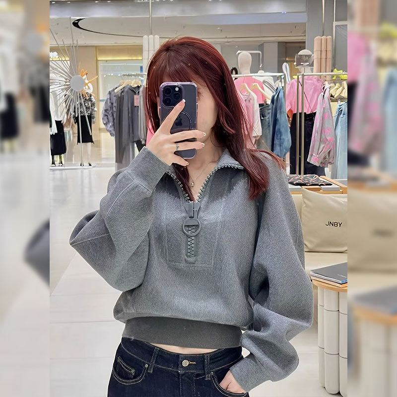 秋季短款灰色卫衣女高级感超好看立领半拉链小众oversize外套潮牌|undefined