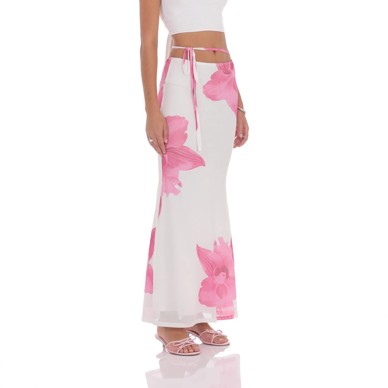 Foreign Trade Women's Clothing 2025 European and American Celebrity Summer High-End Mesh Printed Niche Double-Layer Lace-Up Draped Skirt