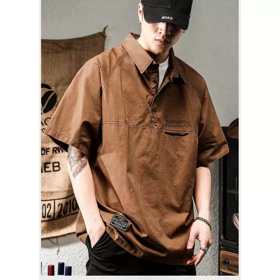 夏季薄款美式复古polo衫男短袖t恤宽松男士痞帅工装衬衫半袖衣服