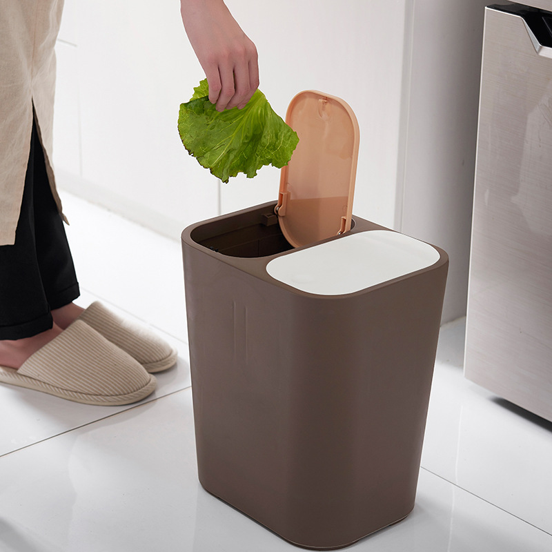 Double-lid trash can with press-top lid, large creative household trash bin for kitchen and living room, dry and wet separation classification trash bin
