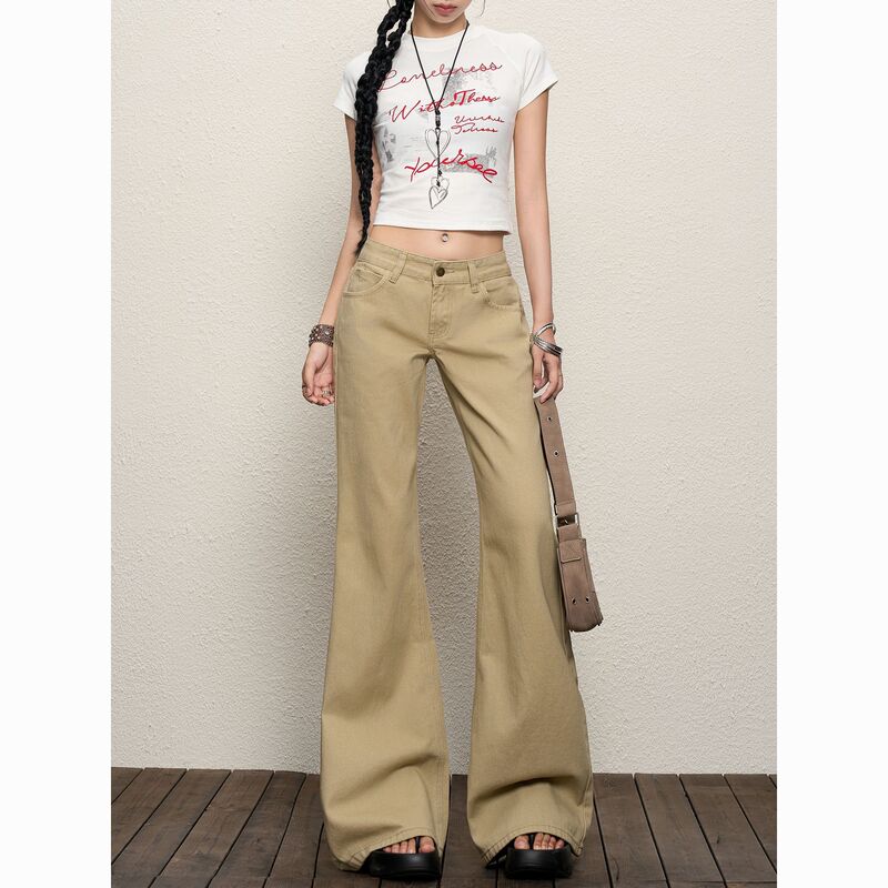 Korean Style Petite Khaki Low-Waist Flared Jeans for Women, Summer New Retro Hot Girl Slimming Drape Floor-Length Pants