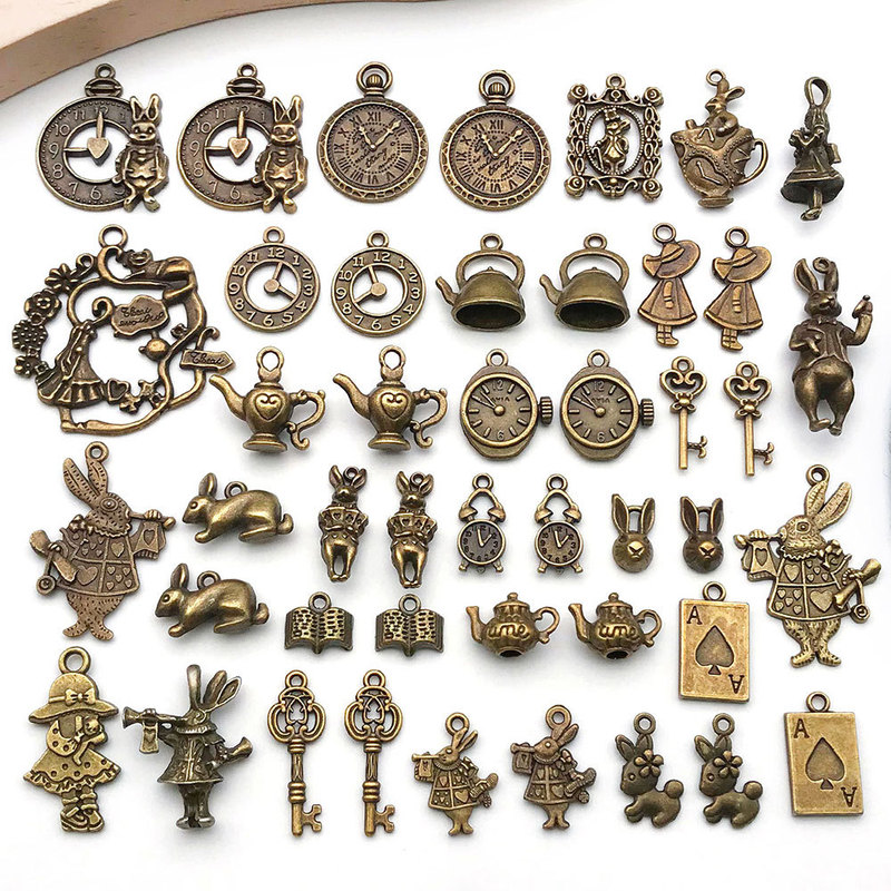 Retro Green Alice in Wonderland Pendant Rabbit Teapot Clock Key DIY Accessories Bracelet Pendant