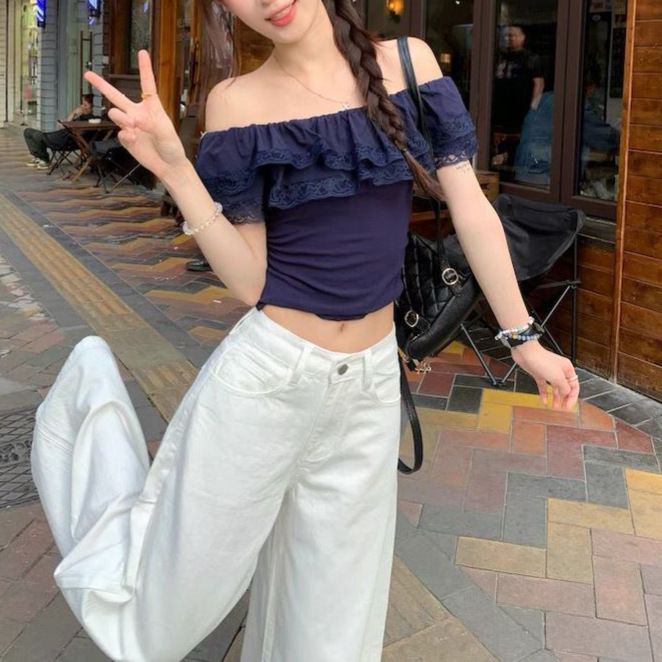 Pure Desire Lace One-Shoulder Tube Top T-Shirt Women's 2025 New Summer Slim Unique Super Nice Hot Girl Top