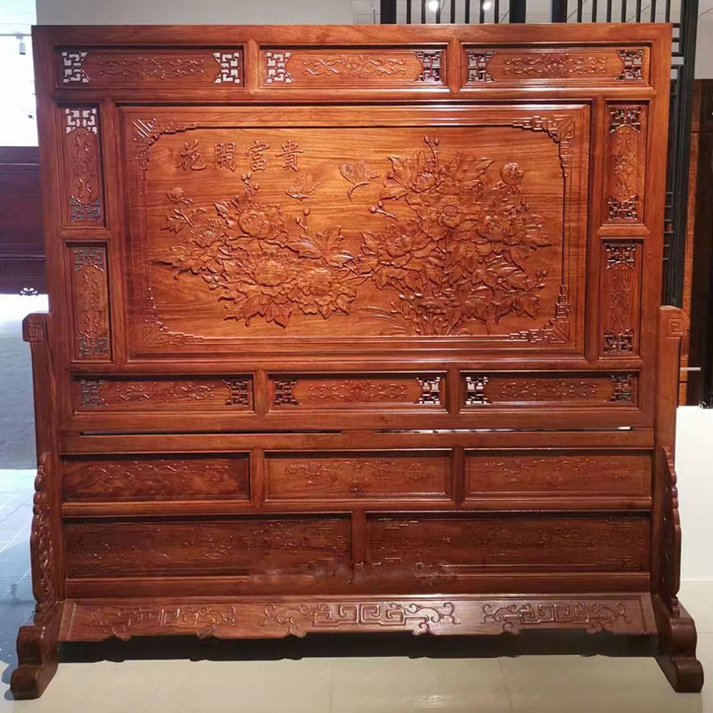 红木家具刺猬紫檀屏风新中式隔断客厅家用入户大玄关双面雕花座屏
