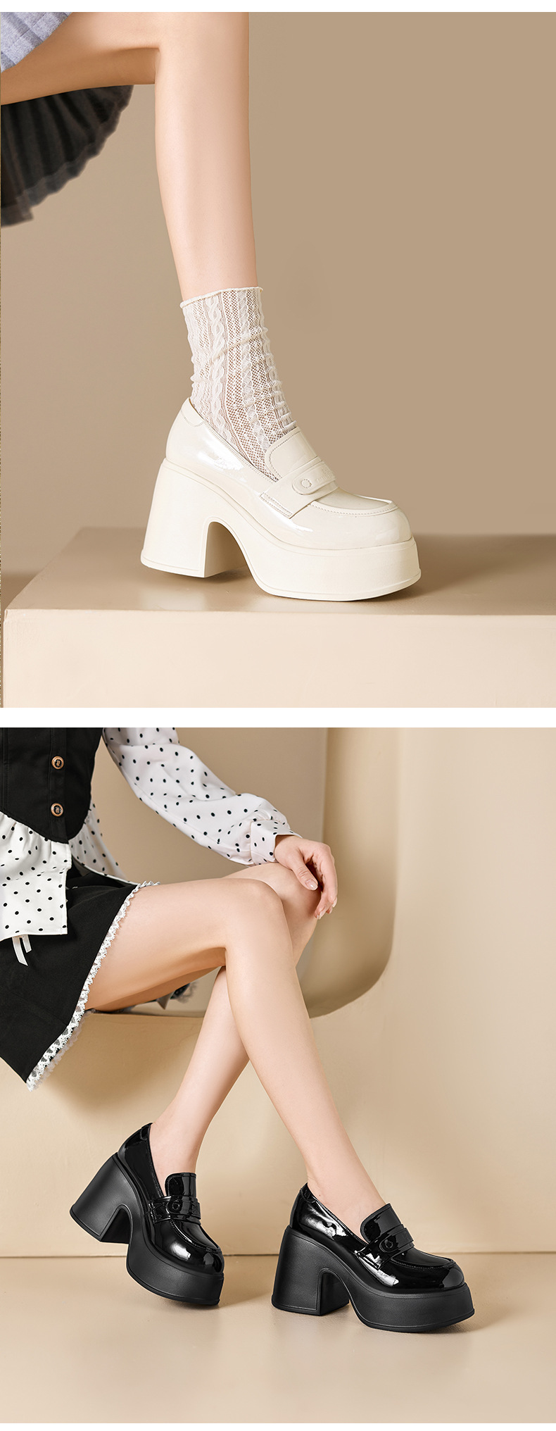 Giày loafer nữ gót vuông cao 10 cm da thật cổ sâu phong cách JK — màu đen, màu trắng ngà chi tiết 7