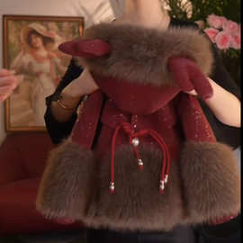 女童加绒外套冬季2024新款洋气儿童韩版加厚皮草年服女孩冬装年服