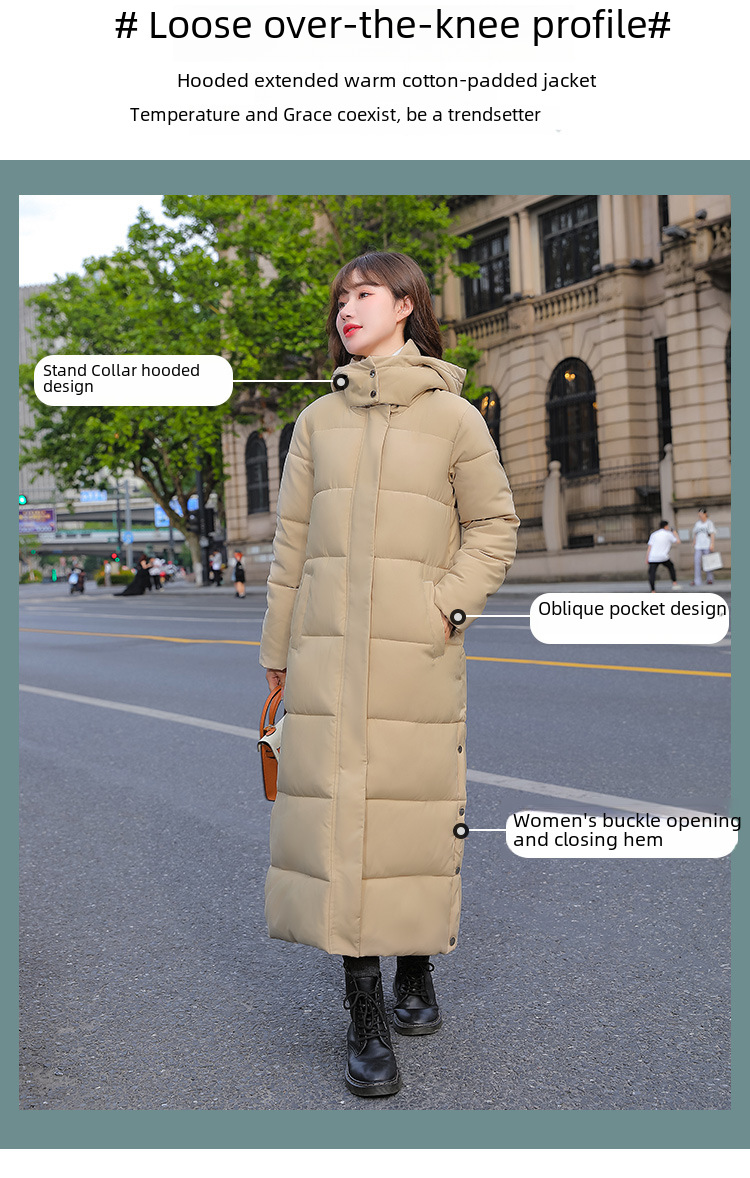 Long over-the-knee hooded Warm jacket jacket women's winter coat thickened warm over-the-knee solid color casual slim-fit cotton-padded jacket fashion_voghion.com