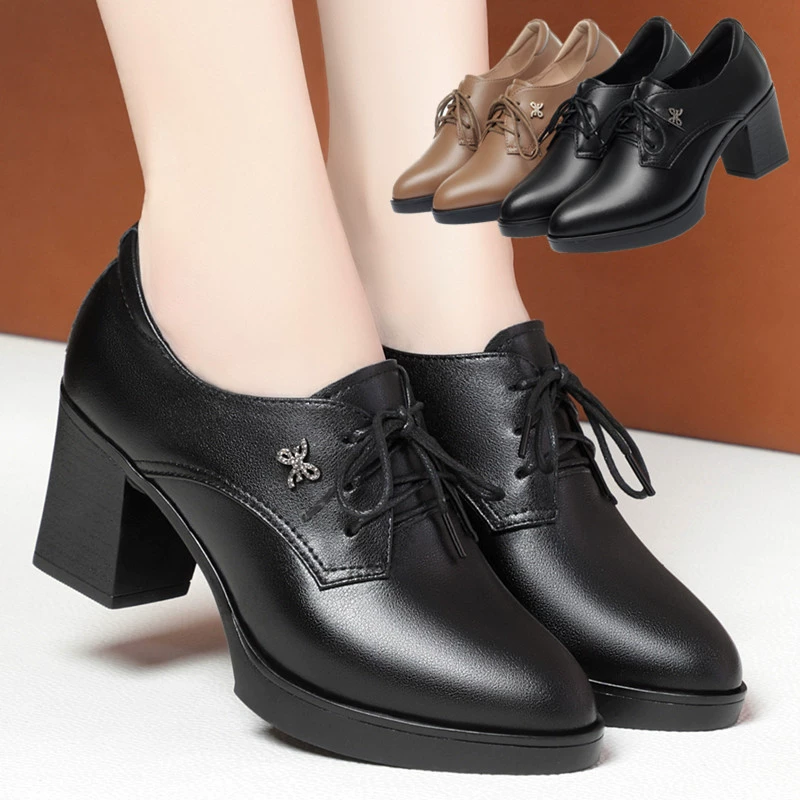 Женская кожаная обувь среднего возраста, женская обувь из мягкой кожи с не уставшими ногами, однослойная обувь на шнуровке с мягкой подошвой, Женская Однослойная обувь из мягкой кожи на высоком каблуке для мамы