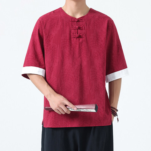 Summer Chinese-style patterned shirt for men, large size Tang suit Hanfu, five-pointed sleeve collared shirt, half-sleeve printed round collar shirt