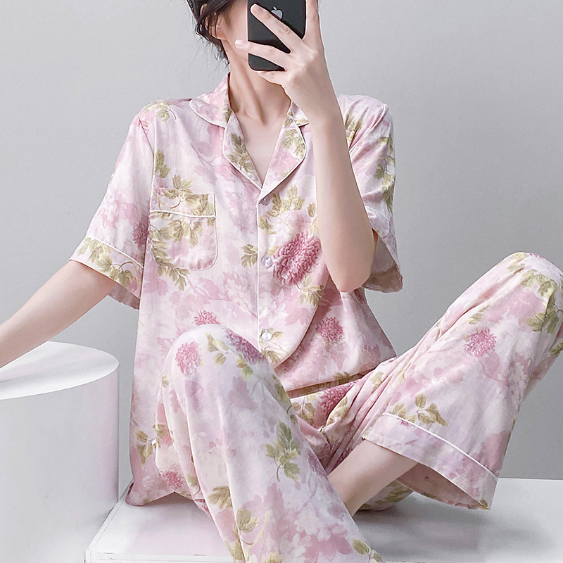 Cotton Silk Pajamas Women's Short-Sleeved Cardigan Suit Summer New Style Breathable Sweat-Absorbent Wearable Artificial Cotton Home Clothes Thin Style