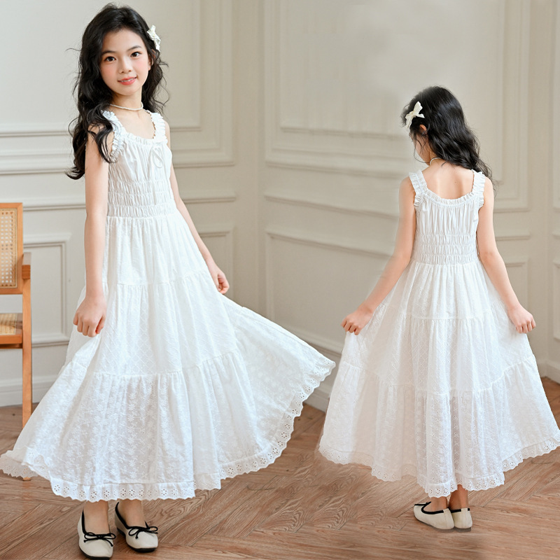 Girls Suspender Skirt 2025 Summer New Style Sweet Splicing Large Hem Long Skirt Kidsren Little Girl Vacation Dress