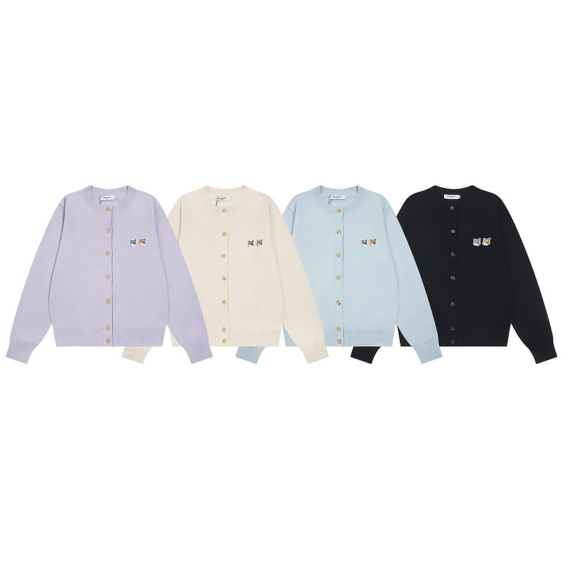 メゾンキツネ スターズ同風 小文字ロゴ フォックスヘッド ウールセーター メンズ ラウンドネック ニットカーディガン