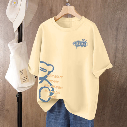 Slightly fat cover-up 100% pure cotton short-sleeved T-shirt for women 2025 summer large size loose round neck printed top trendy