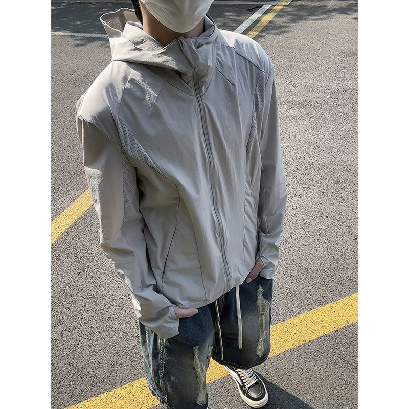 Laser Perforated Thin Quick-Drying Hooded Sun Protection Clothing for Men in Summer, Lightweight Ice Silk Cycling Clothing, Outdoor Jacket