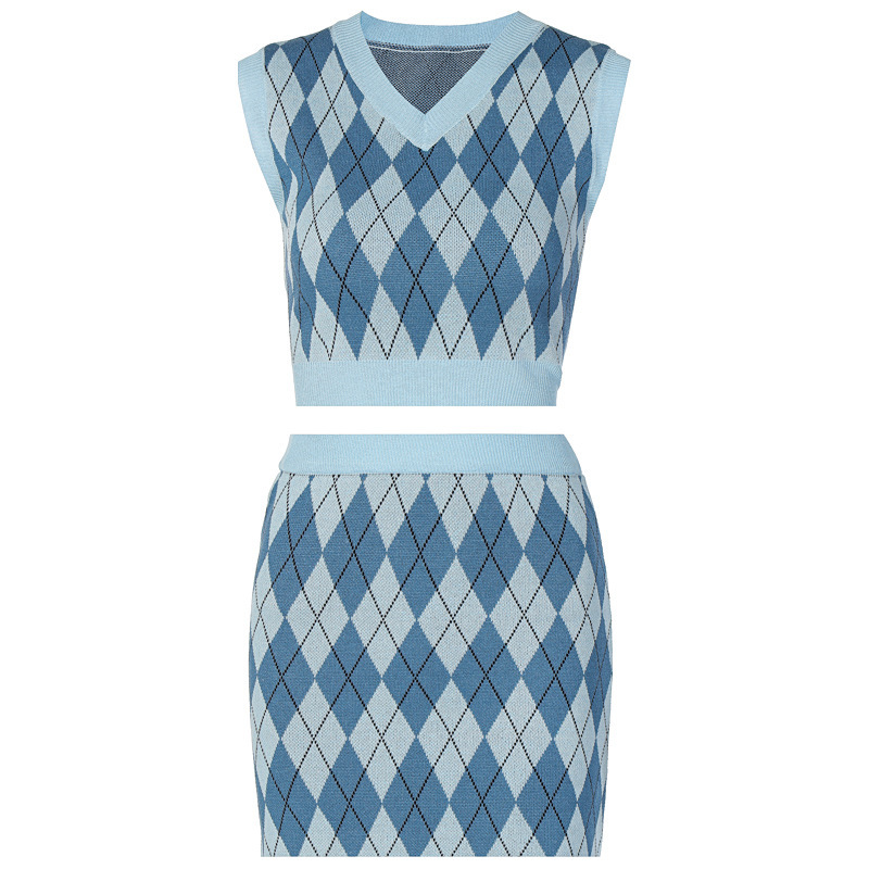 women's checkered knitted vest and skirt casual suit nihaostyles clothing wholesale NSXPF78388