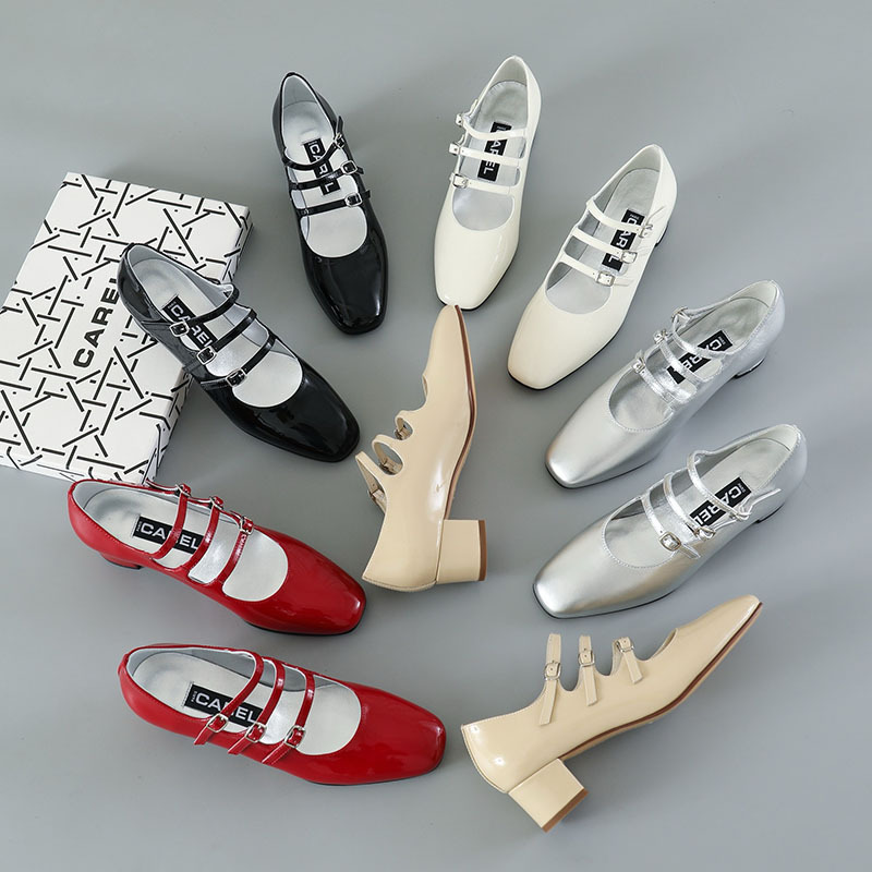 Niche Pure Original carel French Style Vintage Mary Jane Shoes Women's Three-way Belt Thick Mid-heel Single-layer Shoes Bright Leather Red Wedding Shoes