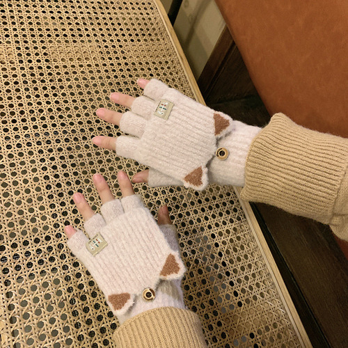 Winter gloves for women, autumn and winter cute fleece-lined warm and cold-proof half-finger flip-top gloves for students—men's writing gloves with plush lining.