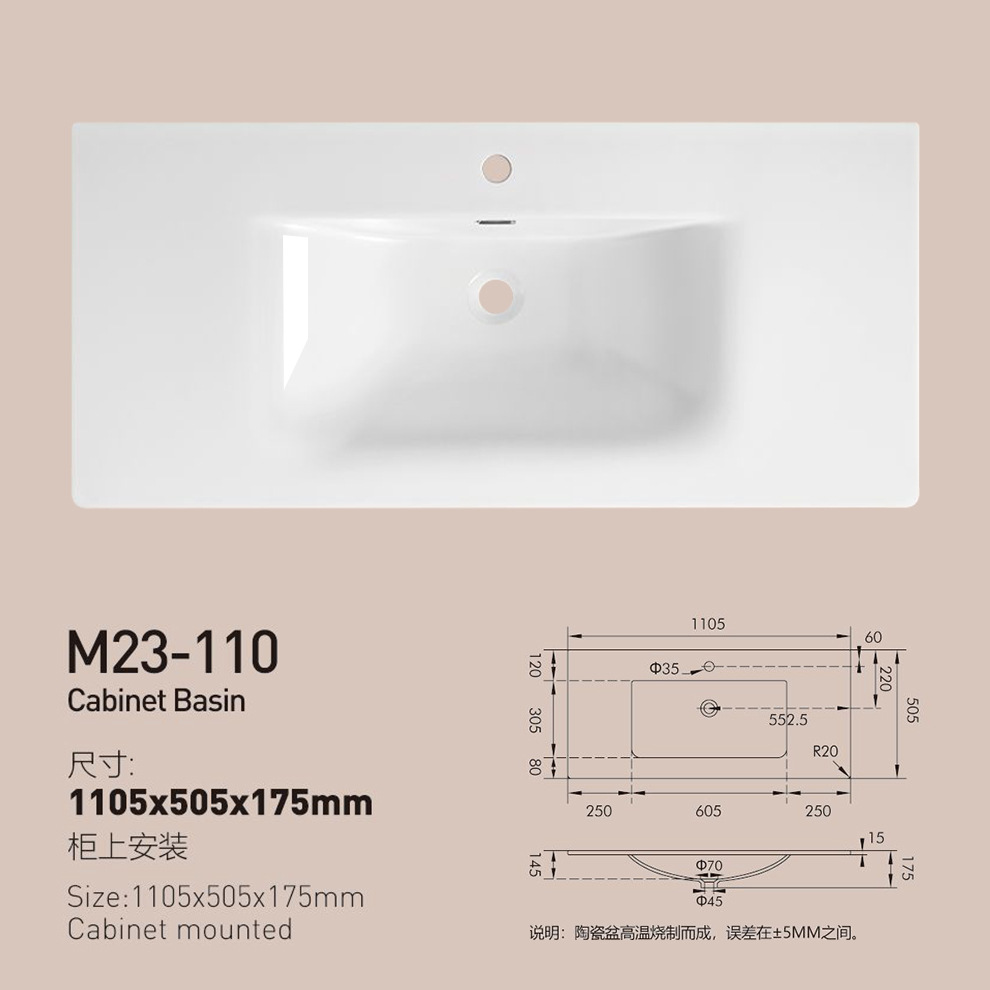 Lavabo de baño, lavabo individual, lavabo integrado de cerámica, lavabo de lado delgado, mesa simple, lavabo izquierdo y derecho, esquinas cortadas