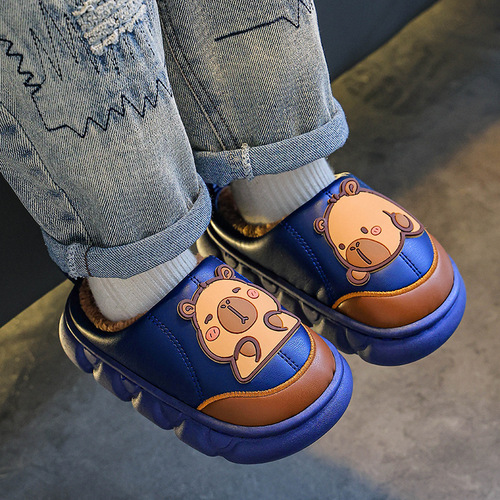 Kapibala winter children's cotton slippers for boys, warm thick sole, PU leather, waterproof, middle-aged children, baby bag and heel cotton shoes