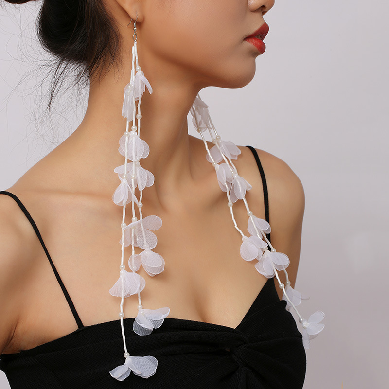 Fashion creative personality long tassel fabric flower earringspicture2
