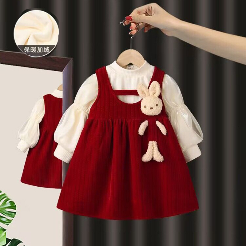 Abbigliamento da donna autunno/inverno 2023 per bambini Abito da bambino Set di due pezzi di coniglio di un anno_voghion.com