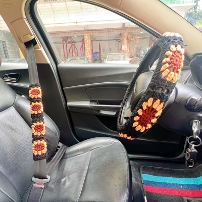 Wheel Cover Warm Anti-Slip Seat – Steering wheel cover - black-sunflower-steering-wheel-cover1seat-belt-cover2
