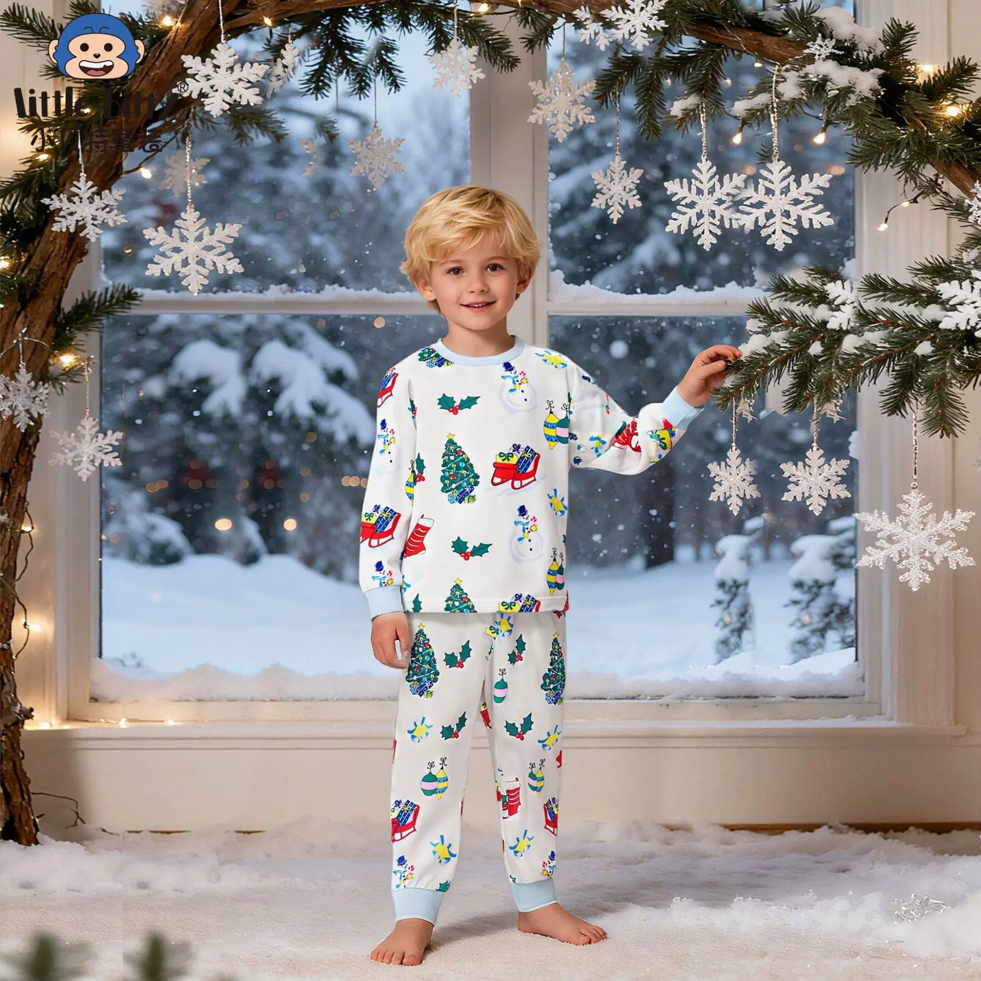 跨境25秋冬童装圣诞节长袖长裤套装卡通圣诞印花家居服两件套睡衣