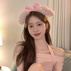 Cute Summer Plush Rabbit-Ear Headband, Sweet Pink Bow Hair Accessories for Washing Face—Wholesale for Women