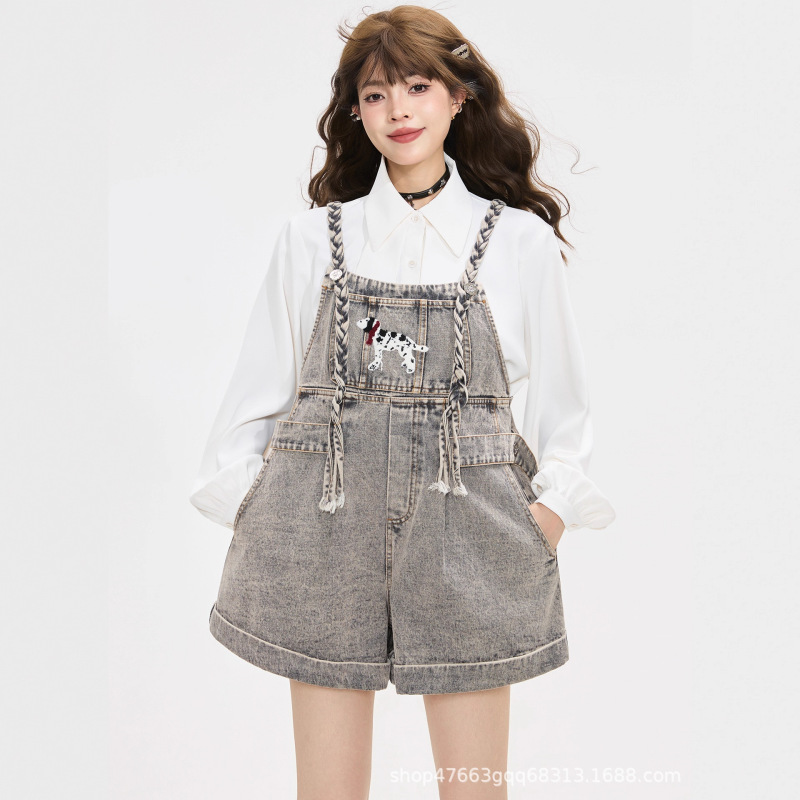 2025 Summer Woven Suspender Jeans Summer American Loose Distressed Straight Design Women's Wide-Leg Shorts