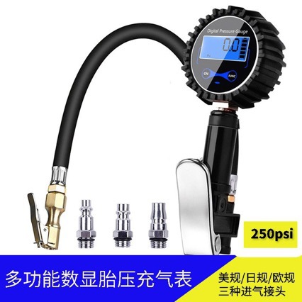 Digital tire pressure inflator gauge suitable for motorcycles, aluminum alloy air hose clamp-type tire pump pressure gauge