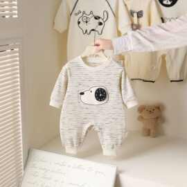 婴幼儿宝宝休闲条纹连体衣外出哈衣抱服可爱卡通小狗头元素爬衣服