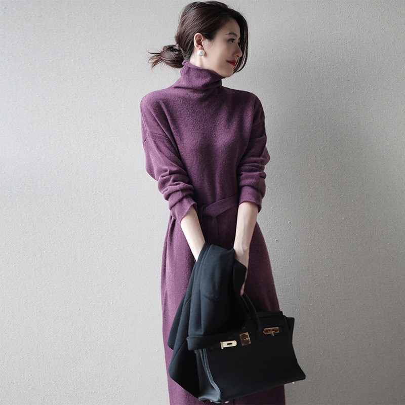 Long demi-season solid colored elegant knitted sweater dress