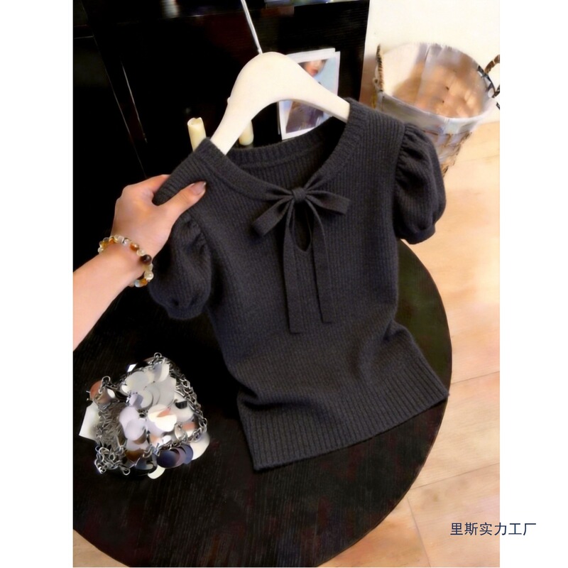 Summer New Style Light Luxury Niche Korean Style Women's Fashionable and Stylish Bow-Knot Short-Sleeved Knitted Shirt Top Summer New Style Light Luxury Niche Korean Style Women's Fashionable and Stylish Bow-Knot Short-Sleeved Knitted Shirt Top