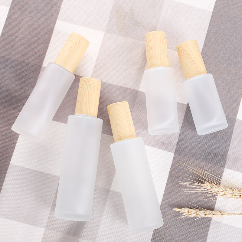 20-120ml botella de loción de vidrio esmerilado botella de spray cubierta de grano de madera botella cosmética
