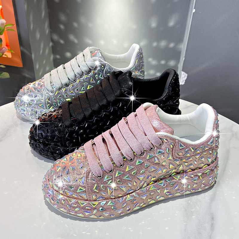 Full Diamond Thick-Soled Dad Shoes for Women Ins Trend 2025 New Slimming Look Rhinestone Sneakers Classic Casual Thick-Soled Platform Shoes