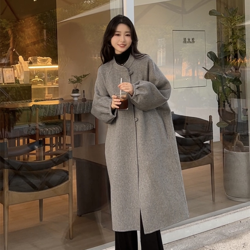 New Chinese Style Long Woolen Outwear Double-Sided Woolen Outwear Round Neck Loose Artistic Style Women's Cashmere Windbreaker