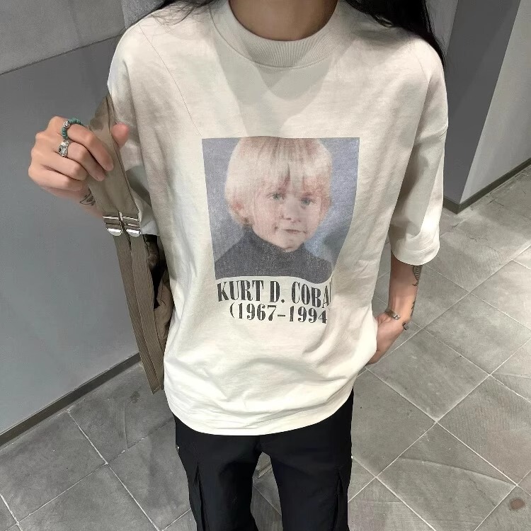 South Korea heavy 300G small keben boxy Fit t-shirt creamy-white retro high street washed crew neck short sleeve men and women