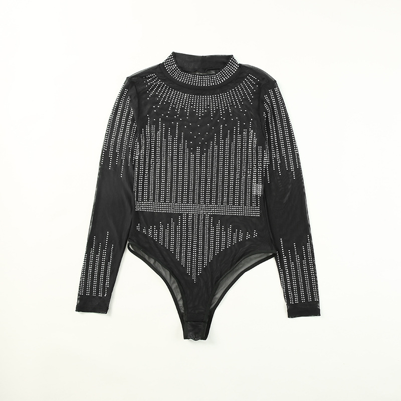 Mono Shiying de manga larga para mujer, estilo transfronterizo, nuevo modelo de otoño, negro, sexy, con pedrería, pantalones de tiro medio ajustados para mujer