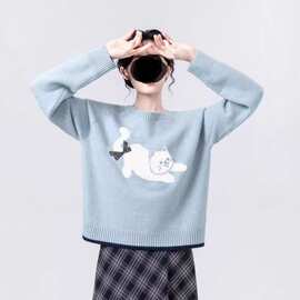 蓝色圆领毛衣女冬季新款慵懒风宽松蝴蝶结卡通针织衫别致甜美上衣
