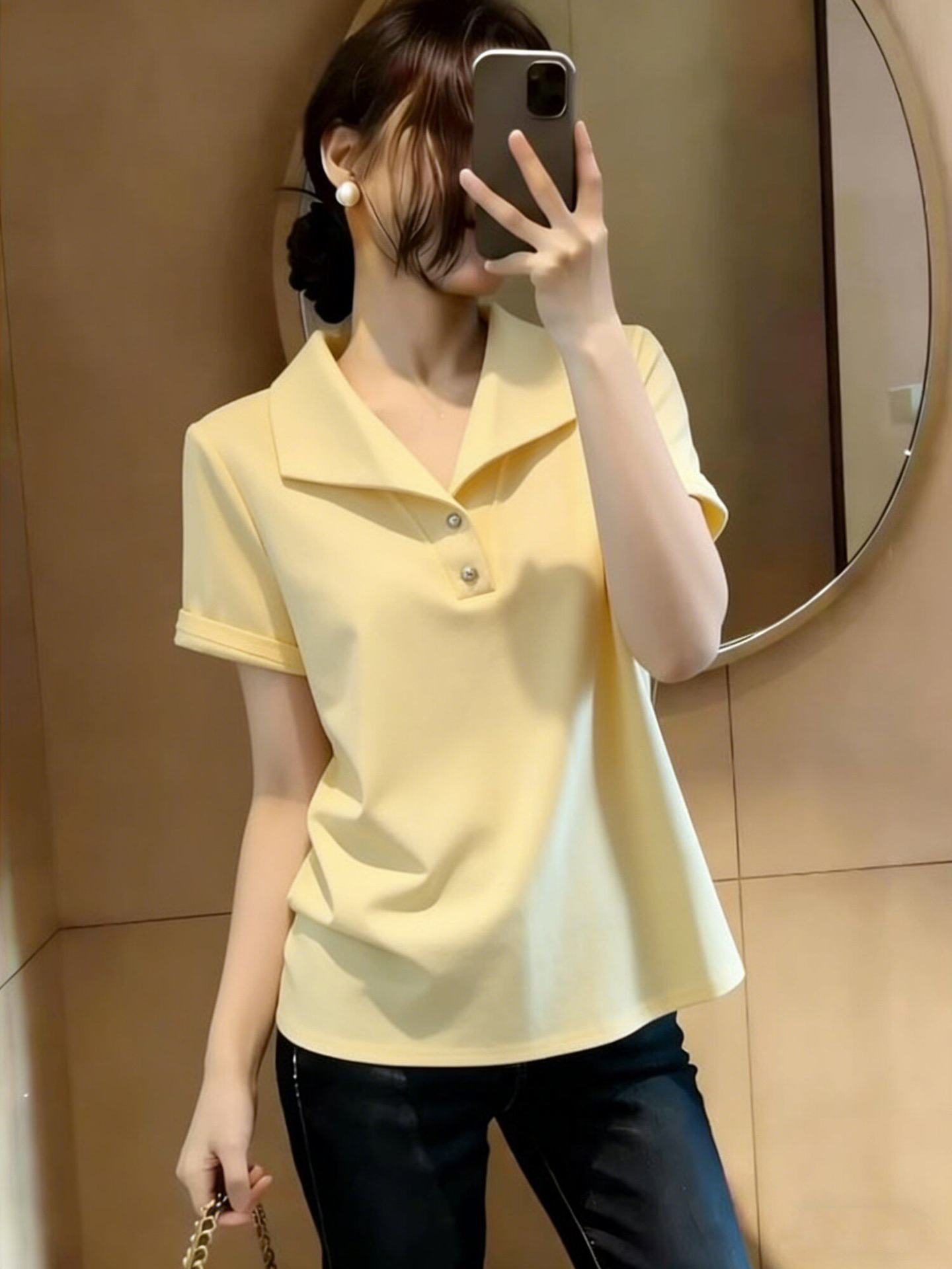Áo thun nữ cổ ve tay ngắn phong cách Pháp — màu đen