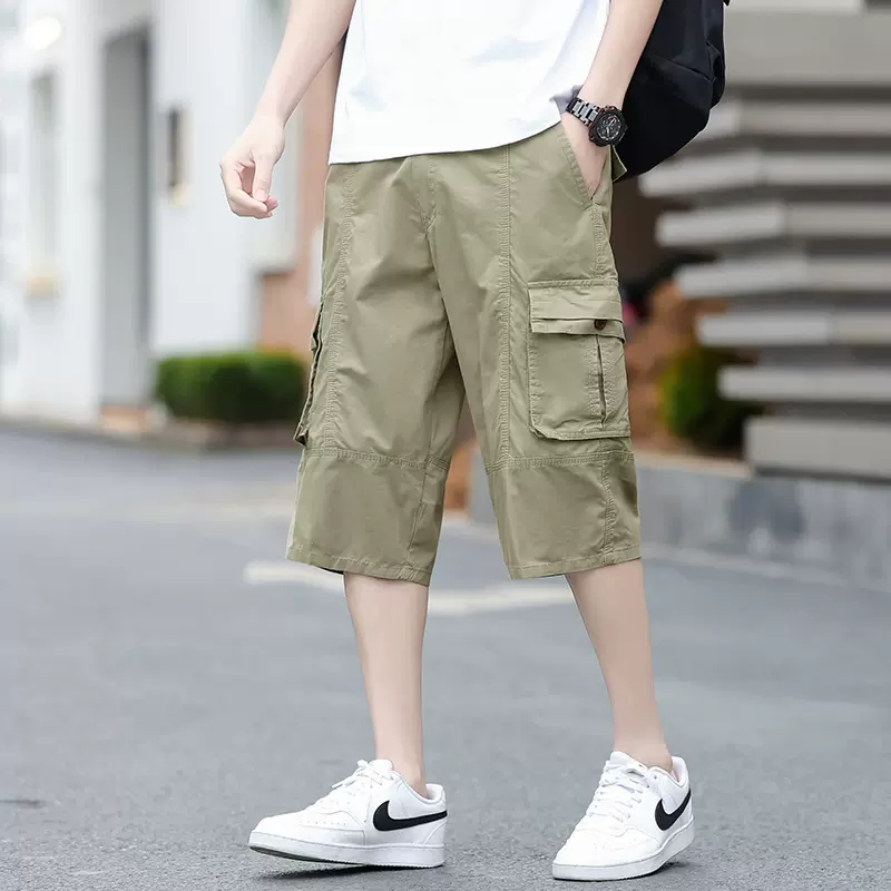 同款2025大码工装七分裤男士夏季多口袋宽松直筒棉短裤美式休闲
