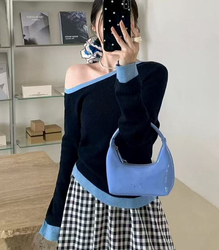 设计感斜肩撞色假两件长袖针织衫女2025秋季新款独特别致修身上衣|undefined