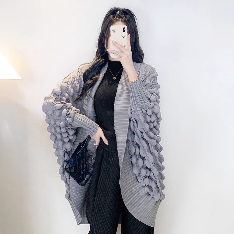 Design Sense Bubble Pleated Cardigan Jacket 2025 European and American Cross-border Fashion High-end Joker Women's Long Outer