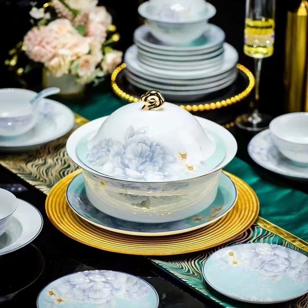 Подарочный набор дорогой белой porcelain столовой посуды Jingdezhen 60 предметов весна и осень посуда расписной золотой каймой миска тарелка тарелка ложка набор