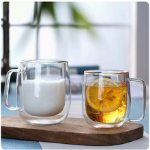 厂家批发带把透明玻璃茶杯 马克杯咖啡杯果汁杯 双层隔热玻璃杯
