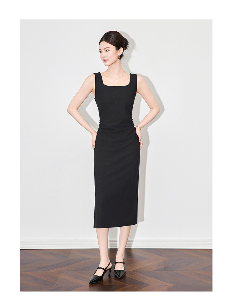 Đầm maxi nữ hai dây cổ vuông kiểu Pháp thắt eo — đen chi tiết 7