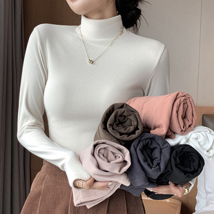 H527 Wide Stripe Solid Color Half-High Collar Base Shirt Women's Slim-Fit Slimming Mid-Collar Top with Inner Wearing for Outer Wearing