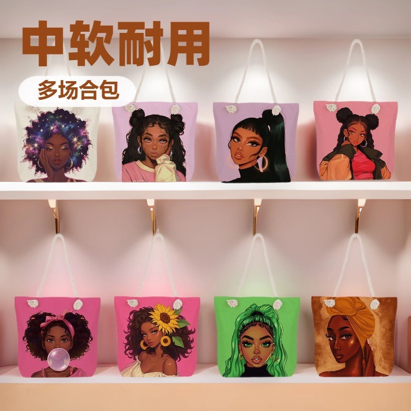 2022 classic outdoor practical versatile retro shoulder bag cartoon printed tote bag large capacity beach bag