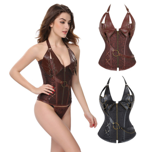 European and American hot leather clothes uniforms, steel frame metal punk waist black brown leather hanging neck court corset